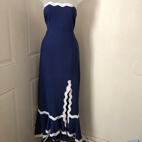 Navy Blue White tube strapless scallop edge long maxi dress with white trim slit - Picture 1 of 7